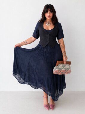 Asymmetrical Navy Midi Dress Size Large Lagenlook Boho (m)